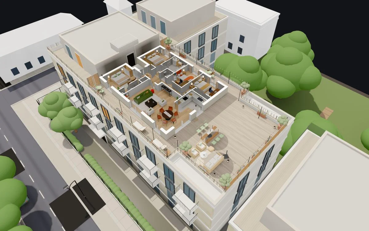 Open living spaces and a generous wraparound terrace.